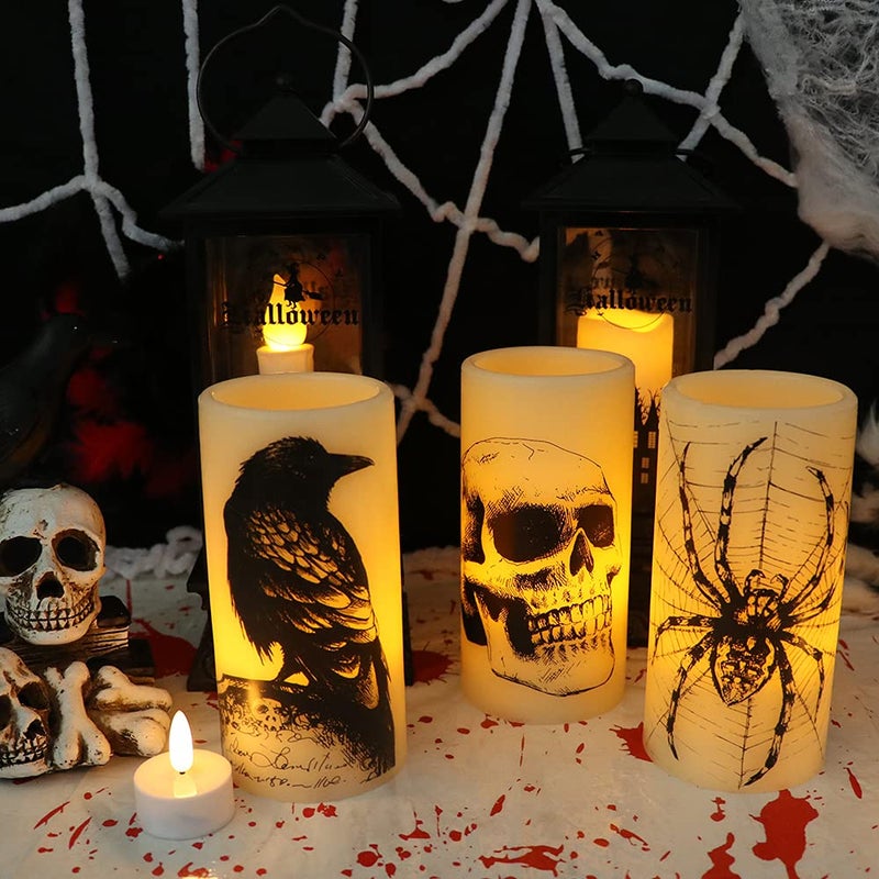 DRomance Halloween Flameless Flickering Candles Battery Operated with 6 Hour Timer White Real Wax Spooky LED Pillar Candles Skull Spider Crown Decals Hallloween Indoor Decor(3 x 6 Inches) - Image 5
